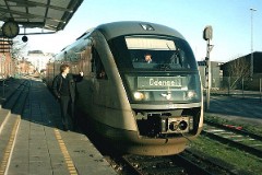 DSB Desiro MQ 4122 trainset photographed at the railway station in Svendborg 31. December 2003. The MQ class is built by Siemens in Germany. DSB has leased 12 units primarily for the line Odense - Svendborg. The type is used widely in Germany. The trainsets were put in service in Denmark in 2002. Two diesel engines of 315 kW per trainset. Max speed 120 km/h - 75 mph. Length 41 700 mm. Weight 68,2 metric tonnes. 114 seats 2nd class. Up to 3 trainsets can be put together.